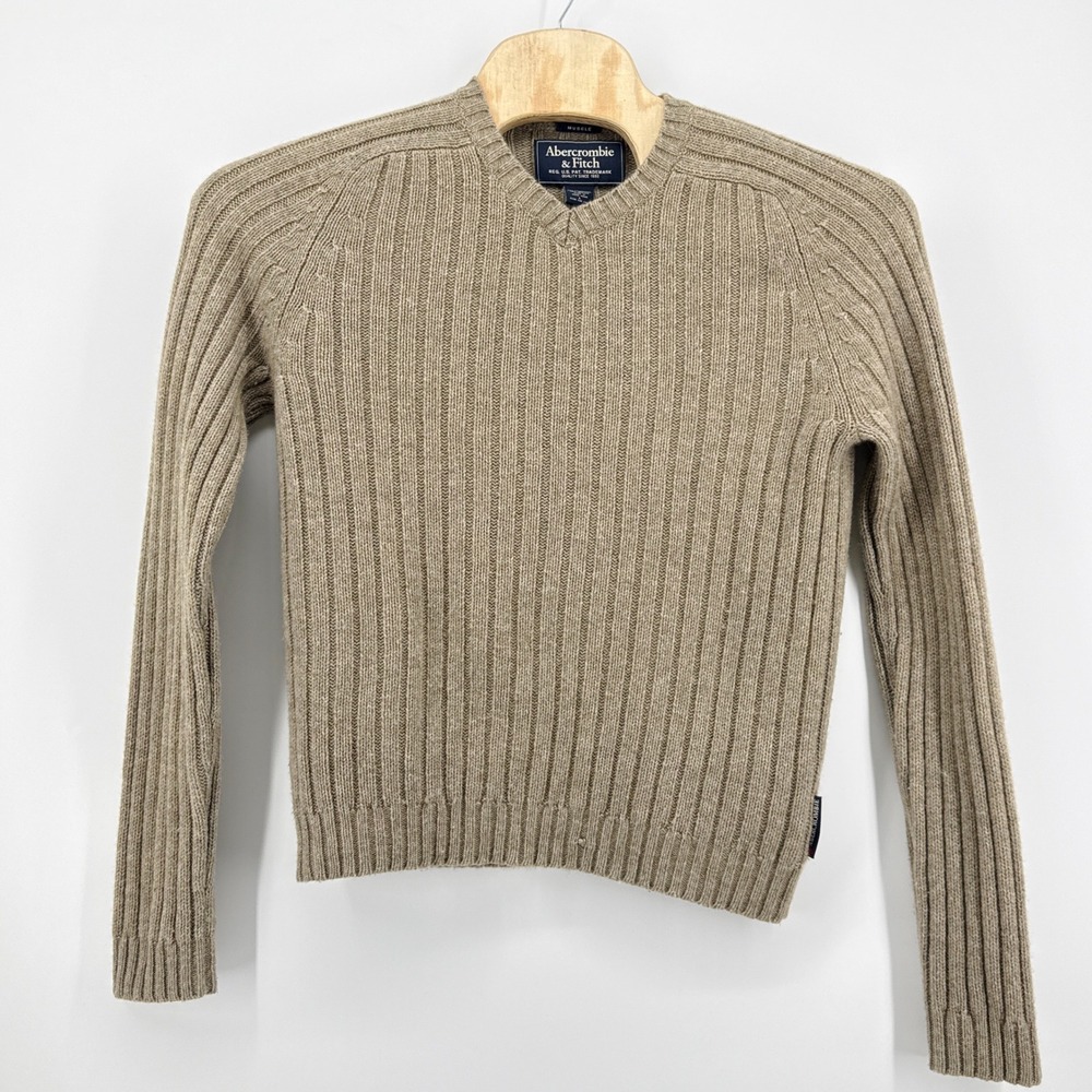 VTG 90s Abercrombie & Fitch Muscle Fit Ribbed Sweater Large Lambswool Tan V-Neck